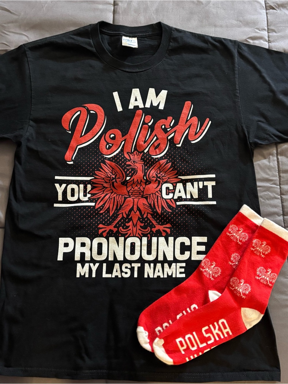 Port and Company Black Tee with Red & White Polish Crest Graphic
